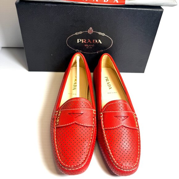 Prada Calzature Red Leather Loafers size 37/ 6.5 or 7 - Picture 1 of 15